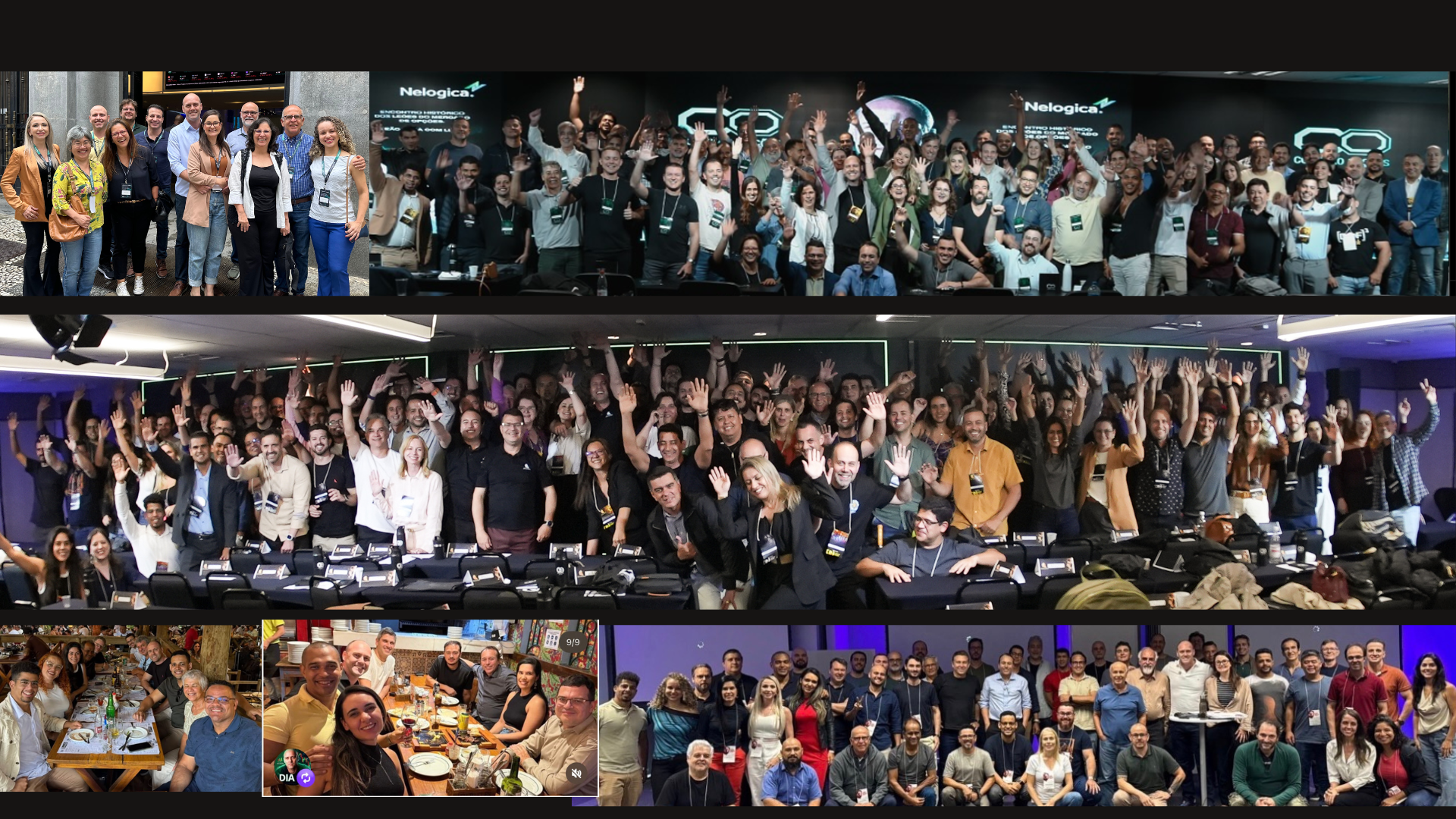 Mosaico de encontros da comunidade: eventos na Nelogica, imersões, jantares e turmas presenciais lotadas pelo Brasil