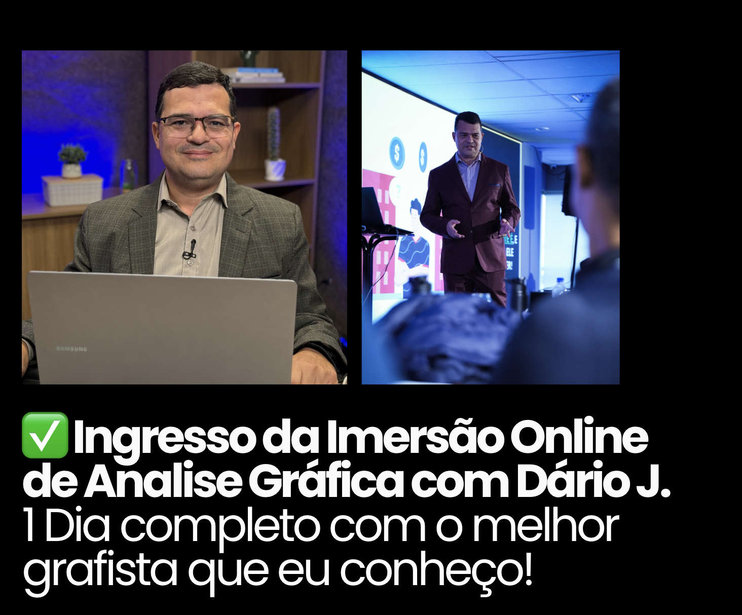 Dario Junqueira, analista gráfico, no estúdio e palestrando