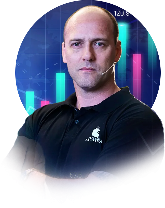 Rafael Nobre de braços cruzados com microfone de palestra, com gráficos do mercado ao fundo
