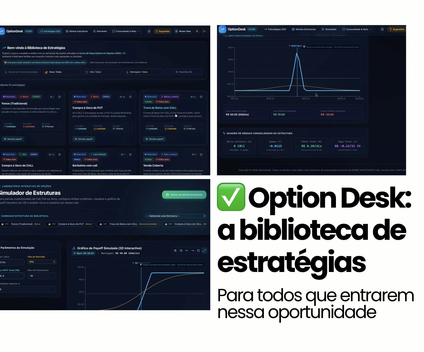 Telas reais do Option Desk: biblioteca de estratégias, simulador de estruturas e payoff com gregas consolidadas