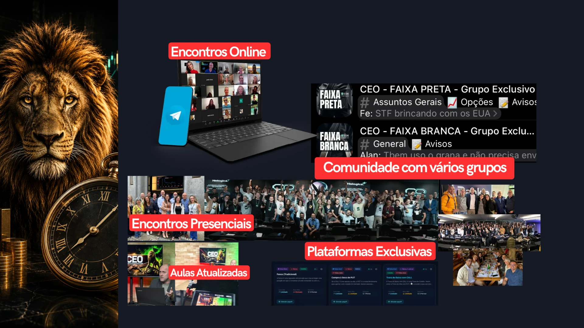 Tudo que faz parte do CEO: encontros online, comunidade no Telegram com grupos Faixa Branca e Faixa Preta, encontros presenciais, aulas atualizadas e plataformas exclusivas