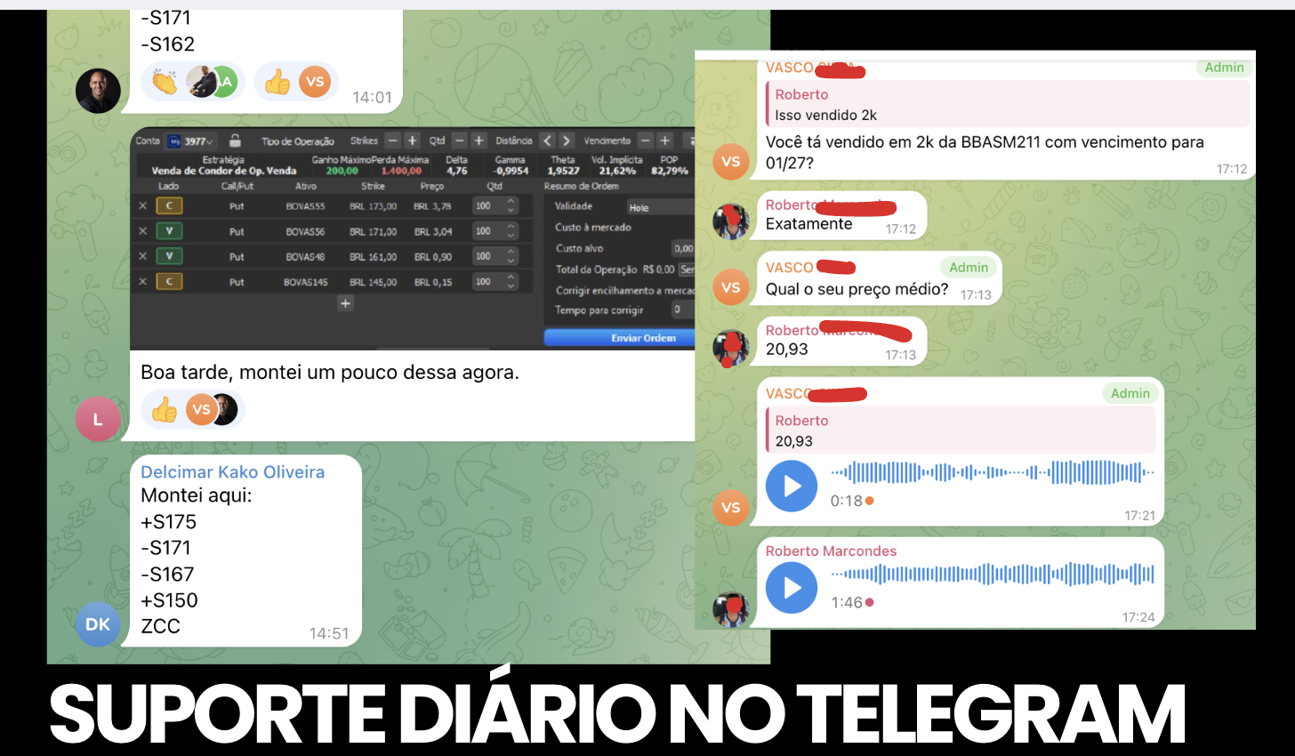Prints reais do suporte diário no Telegram, com dúvidas de manejo respondidas durante o pregão